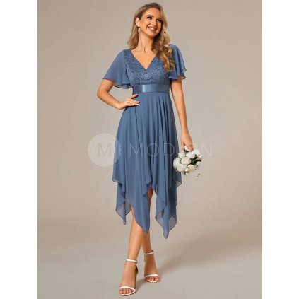 Společenské šaty modrošedé šifonové s krajkou – Ever Pretty ES02040DN46