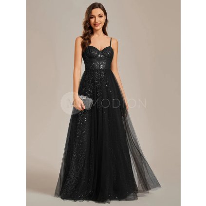 Společenské šaty černé dlouhé tylové s flitry a princeznovskou sukní – Ever Pretty EE01952BK40