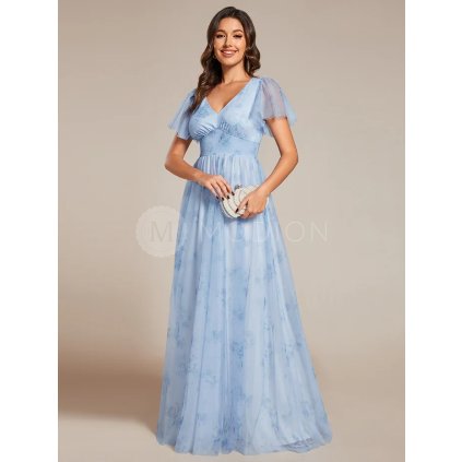 Společenské dlouhé šaty modré květované – Florentina (přední pohled)