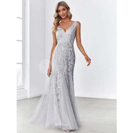 Společenské šaty stříbrné dlouhé tylové s flitry a třpytivým vzorem – Ever Pretty EP07886SV