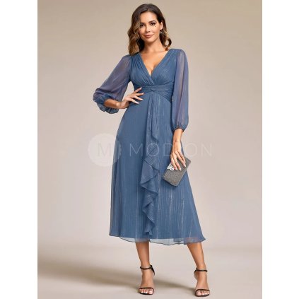 Společenské šaty modrošedé třpytivé midi s rukávem – Ever Pretty EE01977DN36