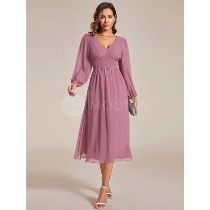 Společenské šaty růžové midi šifonové s dlouhým rukávem – Ever Pretty EG01929OD40