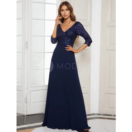 Společenské šaty tmavě modré dlouhé šifonové s flitry a tříčtvrtečním rukávem – Ever Pretty EP00751NB36