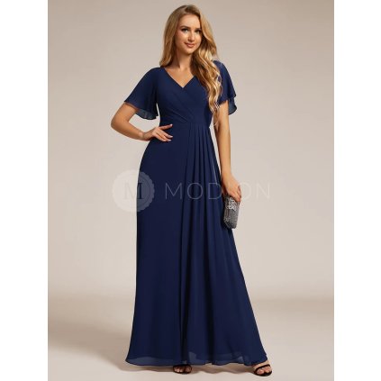 Společenské šaty modré tmavě modré dlouhé šifonové s volným rukávem a rozparkem – Ever Pretty ESS0050NB
