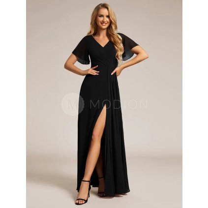 Šaty na svatbu černé dlouhé šifonové s volným rukávem a rozparkem – Ever Pretty ESS0050BK