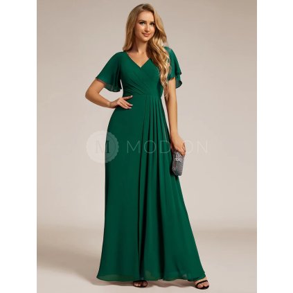 Společenské šaty zelené smaragdové dlouhé šifonové s volným rukávem a rozparkem – Ever Pretty ESS0050DG