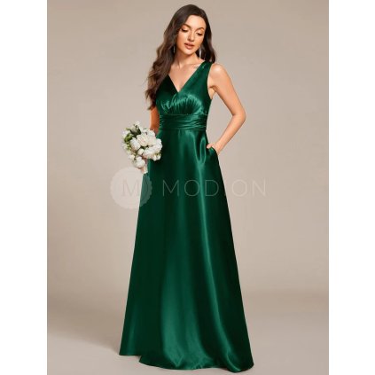 Šaty na svatbu zelené smaragdové dlouhé saténové s kapsami – Ever Pretty ES02326DG