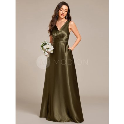 Společenské dlouhé šaty zelené olivové – Ravelia (přední pohled)