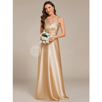 Šaty na svatbu zlaté dlouhé saténové s kapsami – Ever Pretty ES02326CH