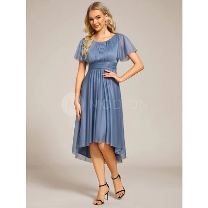 Společenské šaty modrošedé třpytivé šifonové s asymetrickým střihem a rukávem – Ever Pretty EG55159DN