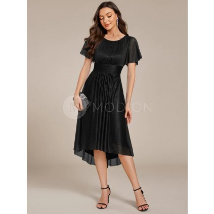 Společenské šaty černé třpytivé šifonové s asymetrickým střihem a rukávem – Ever Pretty EG55159BK