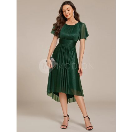 Společenské šaty smaragdově zelené třpytivé šifonové s asymetrickým střihem a rukávem – Ever Pretty EG55159DG