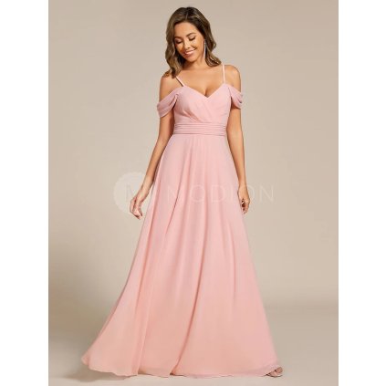 Společenské šaty růžové dlouhé šifonové na ramínka – Ever Pretty ES02354PK