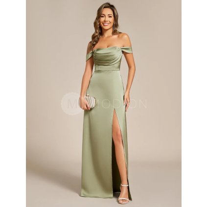 Společenské šaty zelené dlouhé saténové s rozparkem – Ever Pretty ES02320SG
