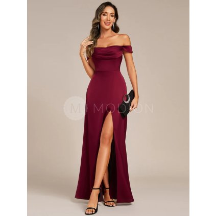 Společenské šaty vínové dlouhé saténové s rozparkem – Ever Pretty ES02320BD