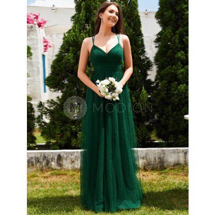 Šaty na svatbu smaragdově zelené dlouhé tylové s áčkovým střihem – Ever Pretty ESS0056DG