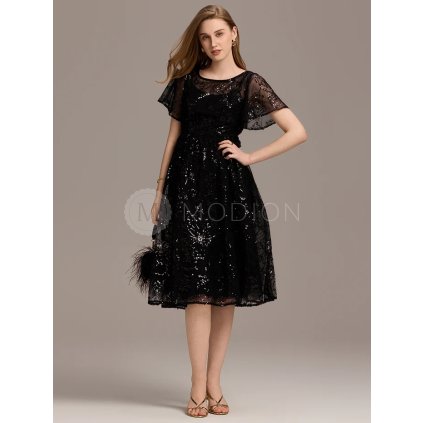Společenské šaty černé midi třpytivé áčkový střih – Ever Pretty EG02364BK