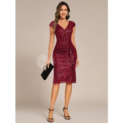 Společenské midi šaty vínové červené – Charlotte (přední pohled)