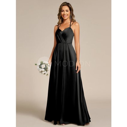 Šaty na svatbu černé dlouhé saténové elegantní – Ever Pretty ES02692BK