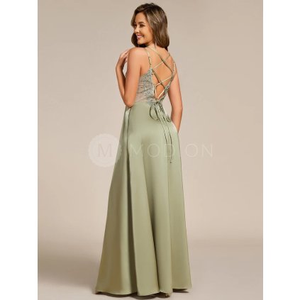 Společenské šaty zelené dlouhé saténové s odhalenými zády – Ever Pretty ES02692SG