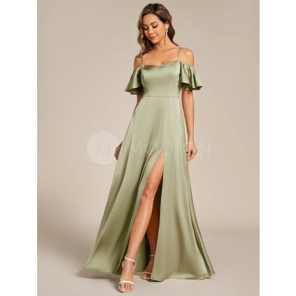 Společenské šaty šalvějově zelené dlouhé saténové s rozparkem, spadenými rukávy a ramínky – Ever Pretty ES00437SG