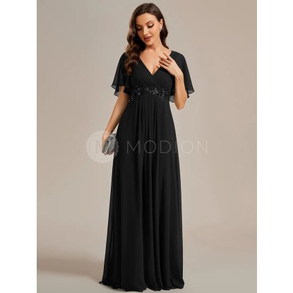 Společenské šaty dlouhé černé šifonové s krajkovým zdobením – Ever Pretty EE01960BK, prodává Modion.cz