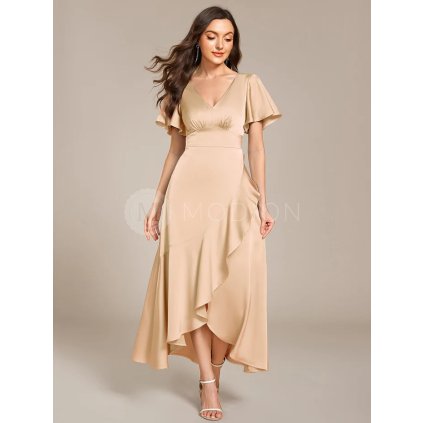 Společenské šaty saténové champagne zlaté midi s volánem – Ever Pretty ES02336CH