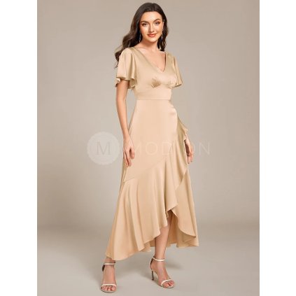 Plesové šaty saténové zlaté asymetrické s krátkým rukávem – Ever Pretty ES02336CH