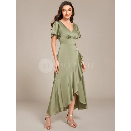 Společenské šaty saténové šalvějově zelené midi s volánem – Ever Pretty ES02336SG