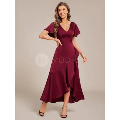 Společenské šaty vínové midi saténové s volánem – Ever Pretty ES02336BD