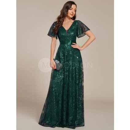 Společenské šaty smaragdové dlouhé flitrové tylové – Ever Pretty EE02314DG
