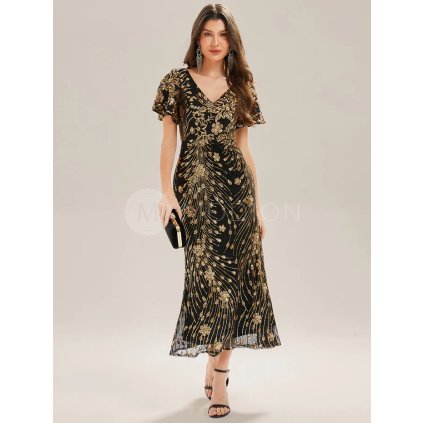 Společenské šaty dlouhé černozlaté tylové s flitry vypasované – Ever Pretty EE02370KG, prodává Modion.cz