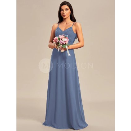 Šaty na svatbu modrošedé dlouhé elegantní s výstřihem – Ever Pretty ES80026DN