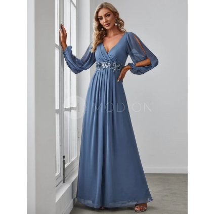 Společenské šaty modrošedé dlouhé rukávy s rozparkem - EP00461DN | Modion.cz