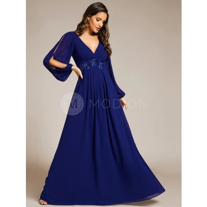 Společenské šaty dlouhé modré šifonové s rukávy s rozparkem – Ever Pretty EP00461RB, prodává Modion.cz