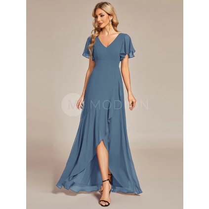 Společenské šaty modrošedé dlouhé šifonové s výstřihem do V a volánky – Model ES01749DN40 – Modion.cz