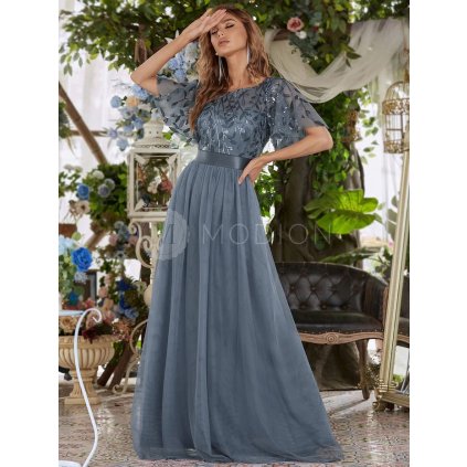Společenské šaty modrošedé dlouhé tylové s flitry – Ever Pretty EP00904DN