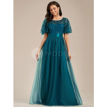 Společenské šaty petrolejové dlouhé tylové s flitry – Ever Pretty EP00904TE