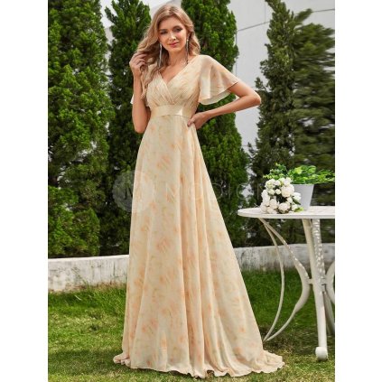 Plesové šaty béžové dlouhé šifonové v empírovém střihu s jemným vzorem – Ever Pretty EP09890LR