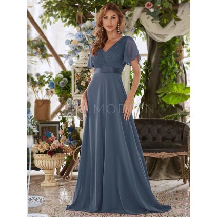 Společenské dlouhé šaty modrošedé – Jessalyn (přední pohled)