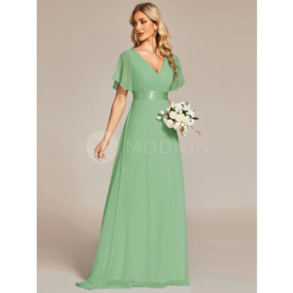 Šaty na svatbu šalvějově zelené dlouhé šifonové s krátkým rukávem – Ever Pretty EP09890SG