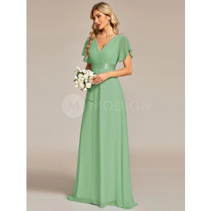 Večerní šaty šalvějově zelené dlouhé šifonové s krátkým rukávem – Ever Pretty EP09890SG