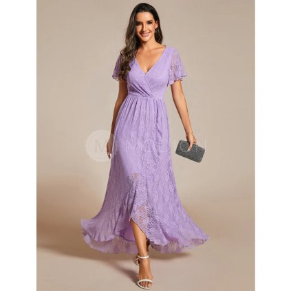 Společenské midi šaty levandulové fialové – Adeline (přední pohled)