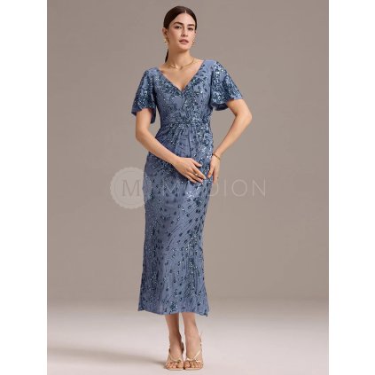 Společenské šaty modré modrošedé dlouhé tylové s flitry – Ever Pretty EE02370DN