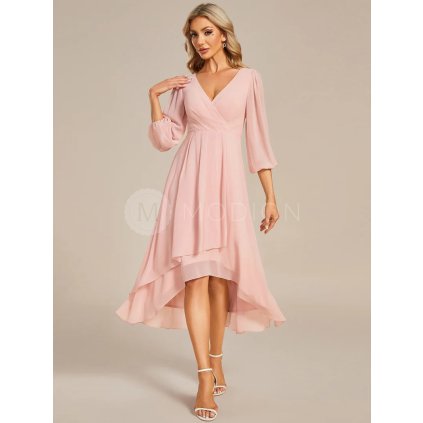 Společenské midi šaty růžové – Vivienne (přední pohled)