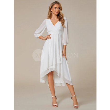 Společenské šaty bílé šifonové midi s asymetrickým střihem a dlouhým rukávem – Ever Pretty EG01926WH