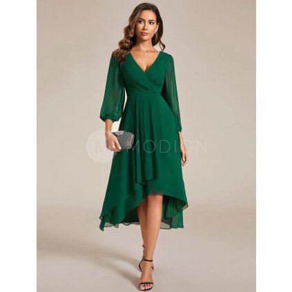 Společenské šaty smaragdově zelené šifonové midi s asymetrickým střihem a dlouhým rukávem – Ever Pretty EG01926DG