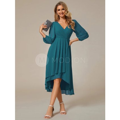 Společenské midi šaty modré petrolejové – Vivienne (přední pohled)