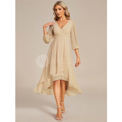 Společenské midi šaty béžové – Vivienne (přední pohled)