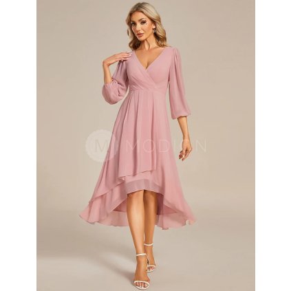 Společenské midi šaty pudrově růžové – Vivienne (přední pohled)